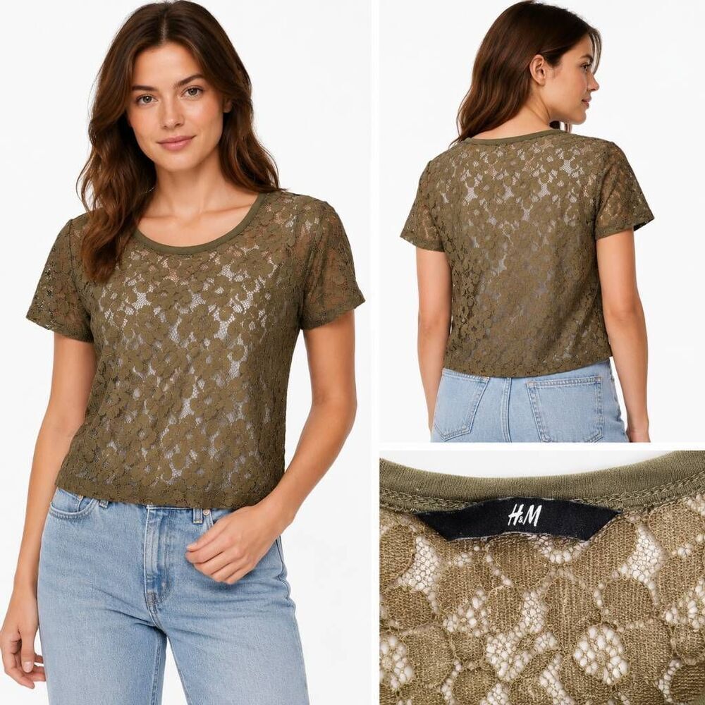 H&M Women’s Olive Green Sheer Floral Lace Short Sleeve Top Size M